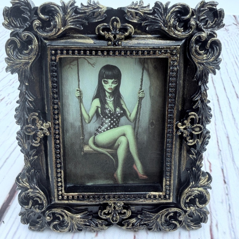 Reptilian‎ Alien Girl on Swing Original Art Print Ornate Black Gold Frame 3x3